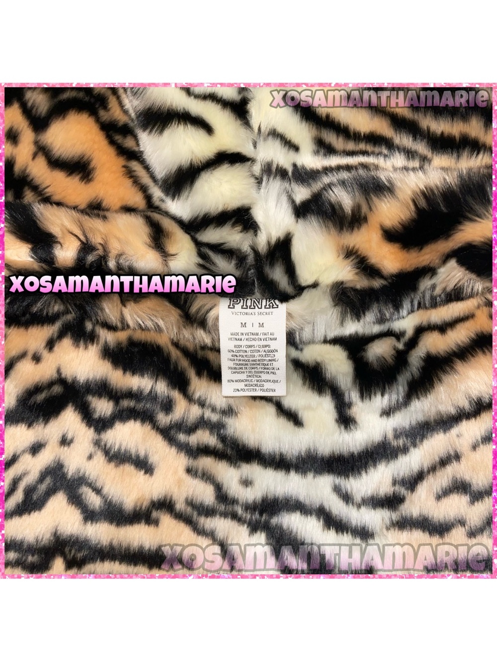 VS PINK Rare Y2K Vtg Sequin Bling Tiger Print Faux Fur Hoodie Jacket - Picture 10 of 14